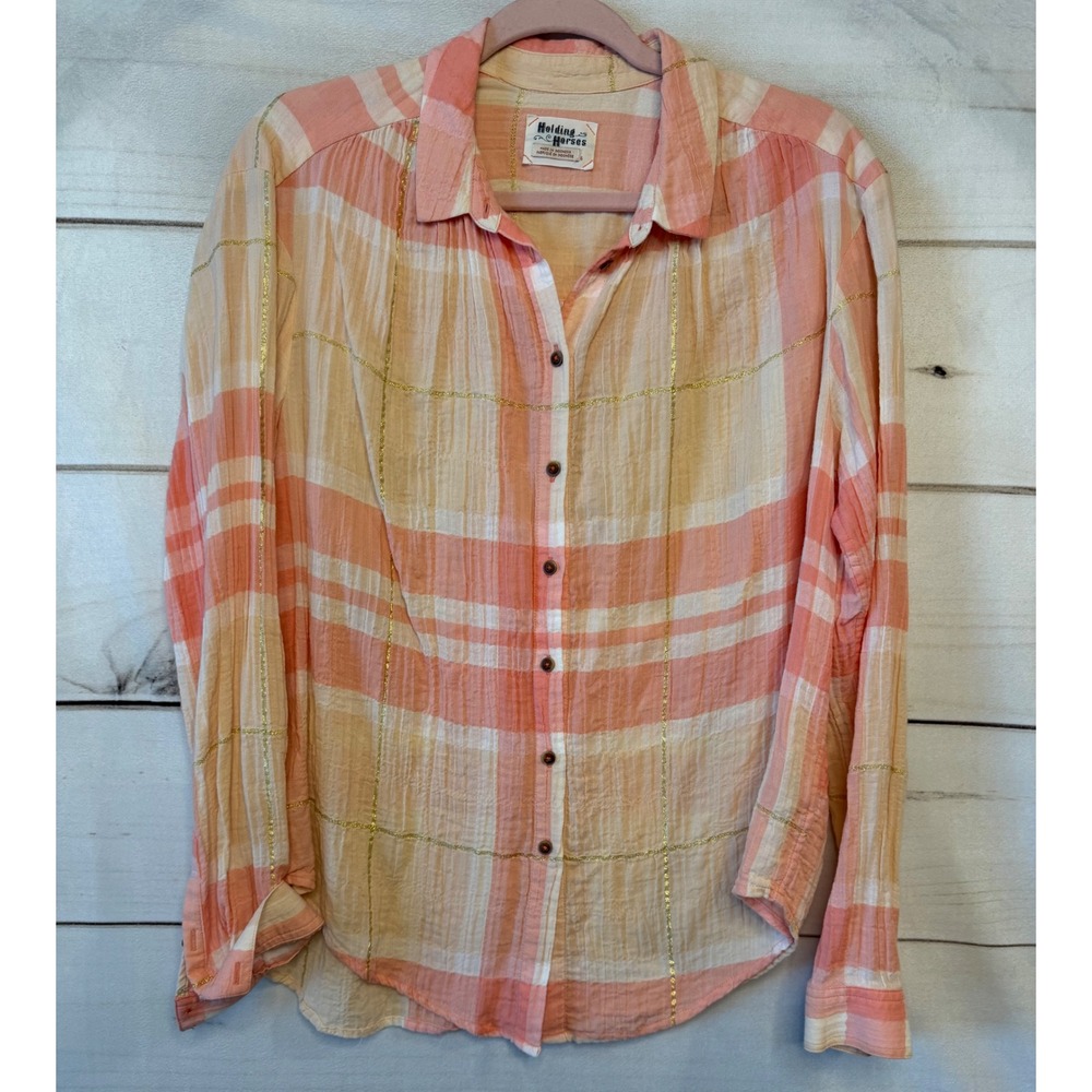 Holding Horses Anthropologie Peach Plaid Gold Metallic Button Down Shirt Size 6